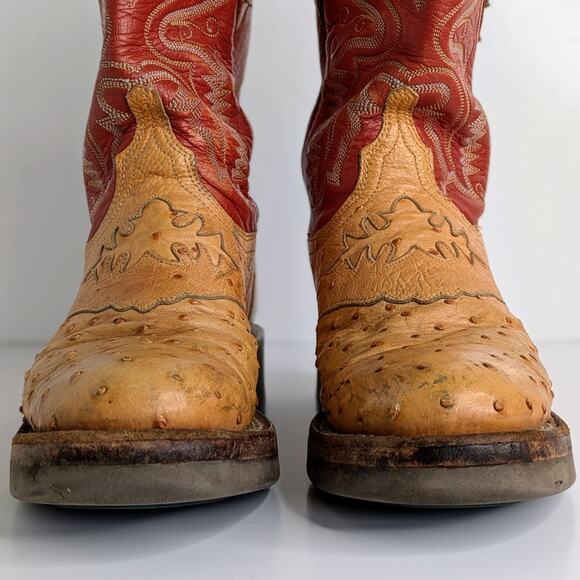 Lucchese Ostrich Goat Skin Boots 7 Red Tan Western Cowgirl Aesthetic Vintage - Picture 4 of 16